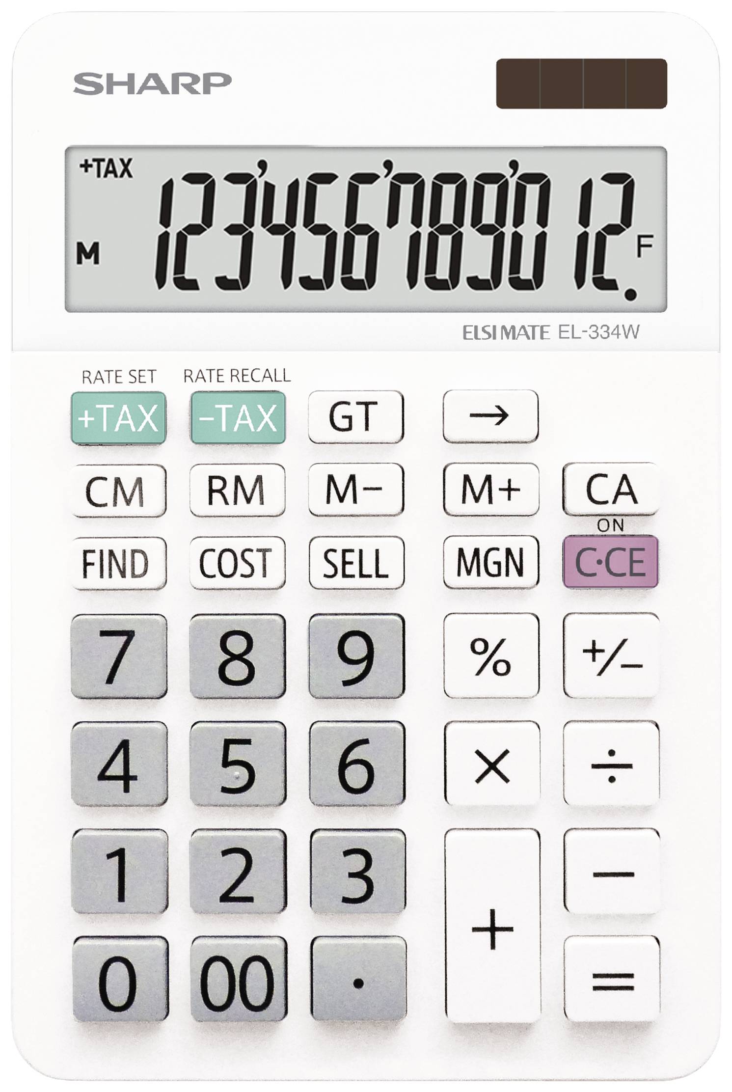 Räknemaskin med solcellsdrivet display visar sifferserien '123456789012'. Flera funktionsknappar som '+TAX' och 'M+' är synliga.