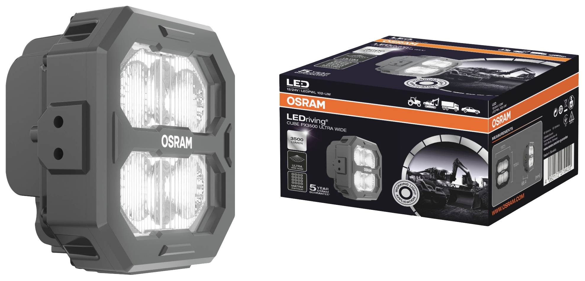 LED-arbetslampa från OSRAM med robust hölje, lämplig för fordon; till höger förpackningen med produktdetaljer och användningsexempel.