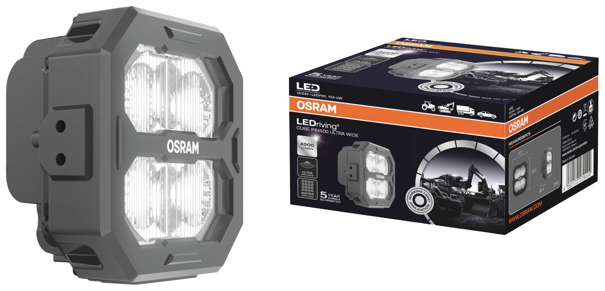 OSRAM LED arbetsstrålkastare: Fyrkantiga strålkastare med 4 LED-lampor. Förpackningen visar produktanvändning och tekniska detaljer.