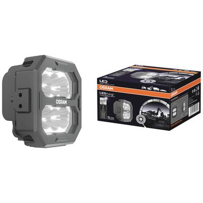 Två LED-arbetsstrålkastare från OSRAM med sexkantig design och förpackning, lämpliga för fordon, med vitt ljus och robust konstruktion.