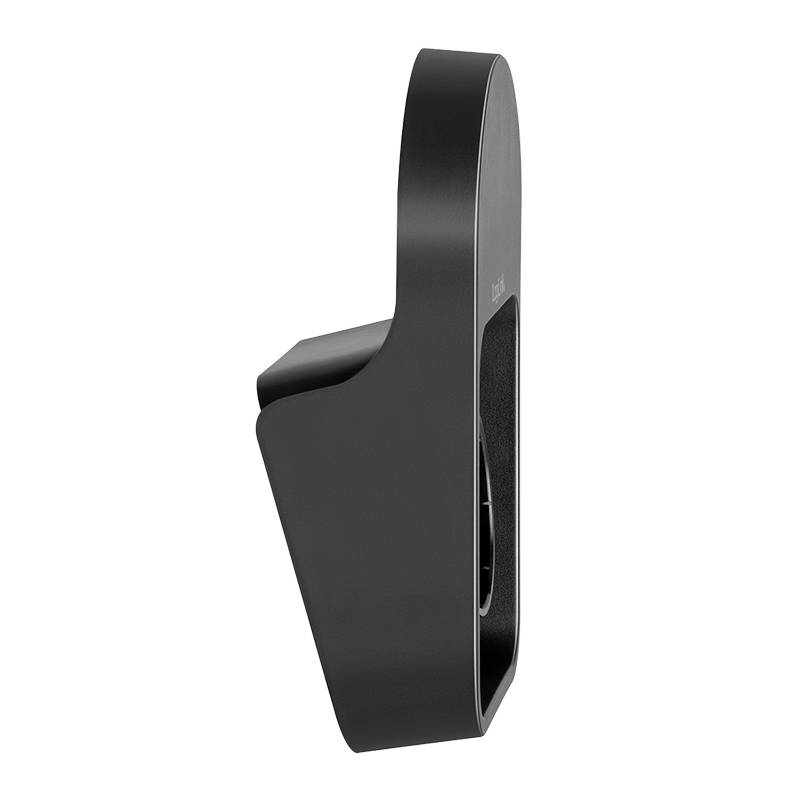 Svart, väggmonterad toalettrullshållare med modernt, elegant design.