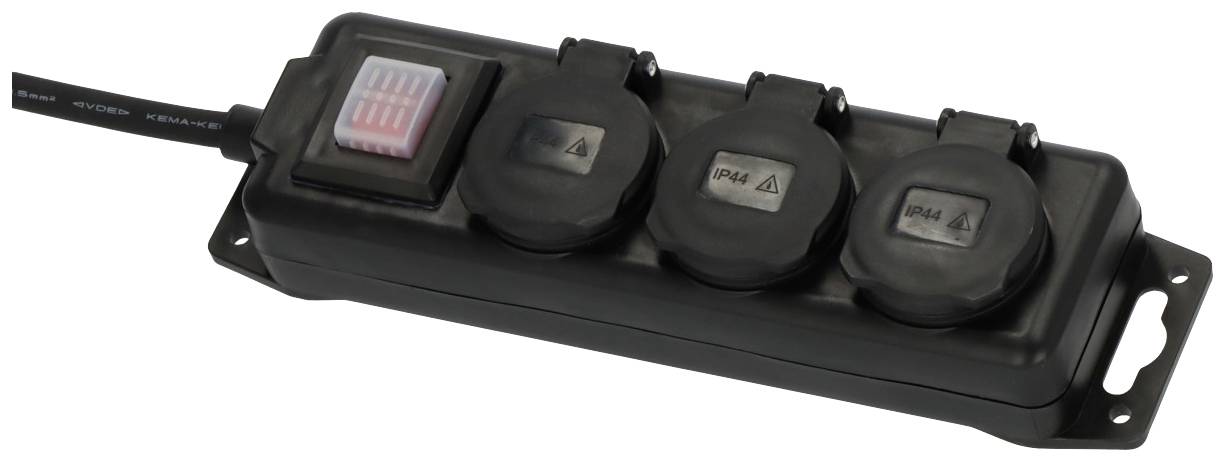 Svart grenuttag med tre uttag och röd strömbrytare, lämplig för användning inomhus.