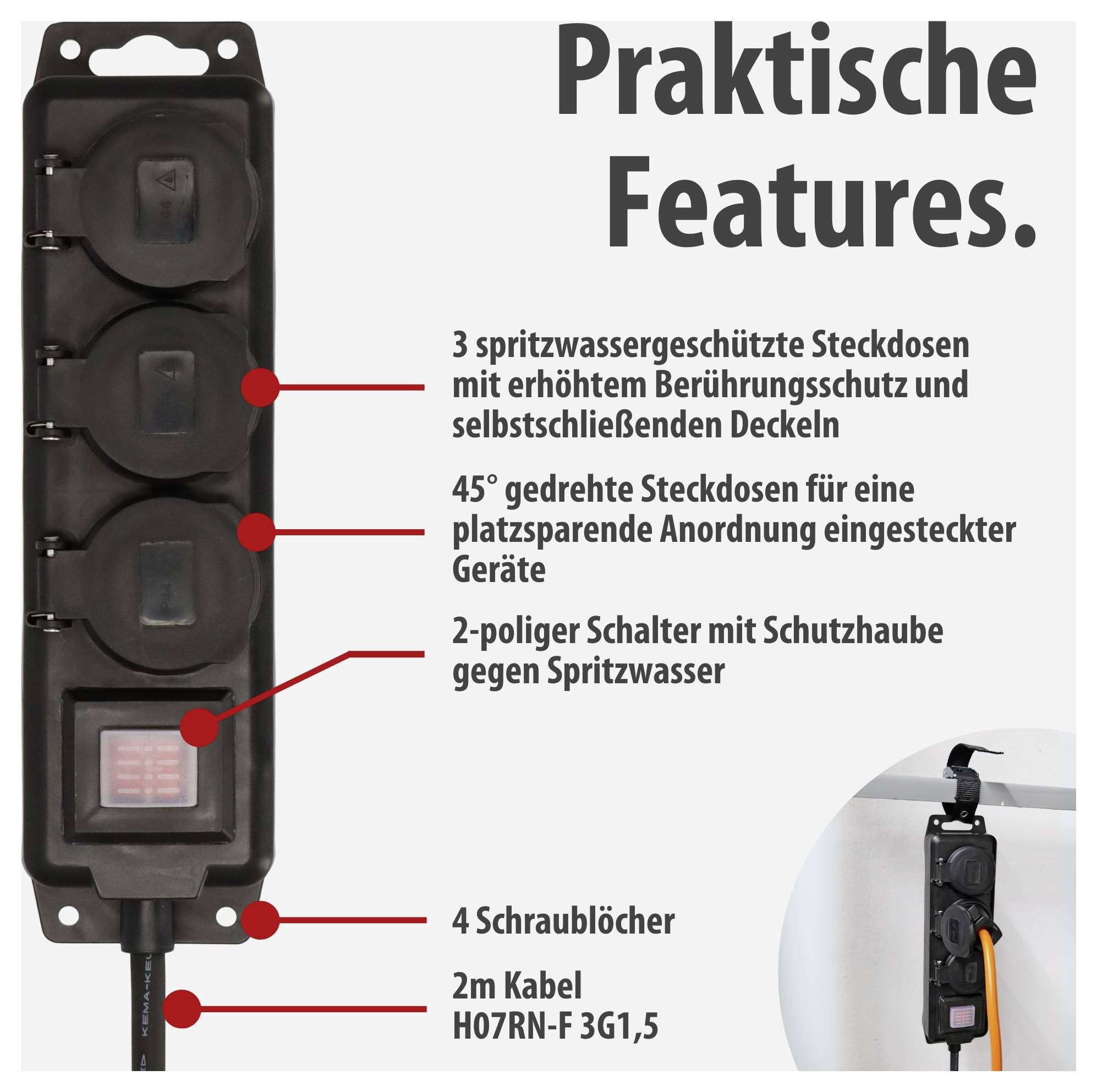 Infografik om strömbrytarlist: 'Praktiska funktioner' med 3 stänkvattensskyddade eluttag, tvåpolig strömbrytare, 4 skruvhål och 2 m kabel.