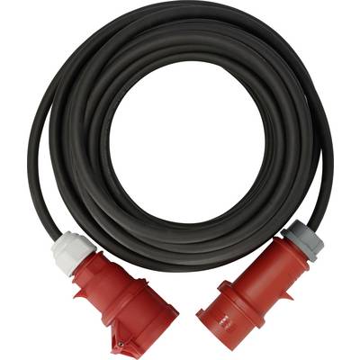 Rullade svart kabel med två röda industriella kontaktdon, ett med ett vitt krage och ett med ett grått krage, på vit bakgrund.