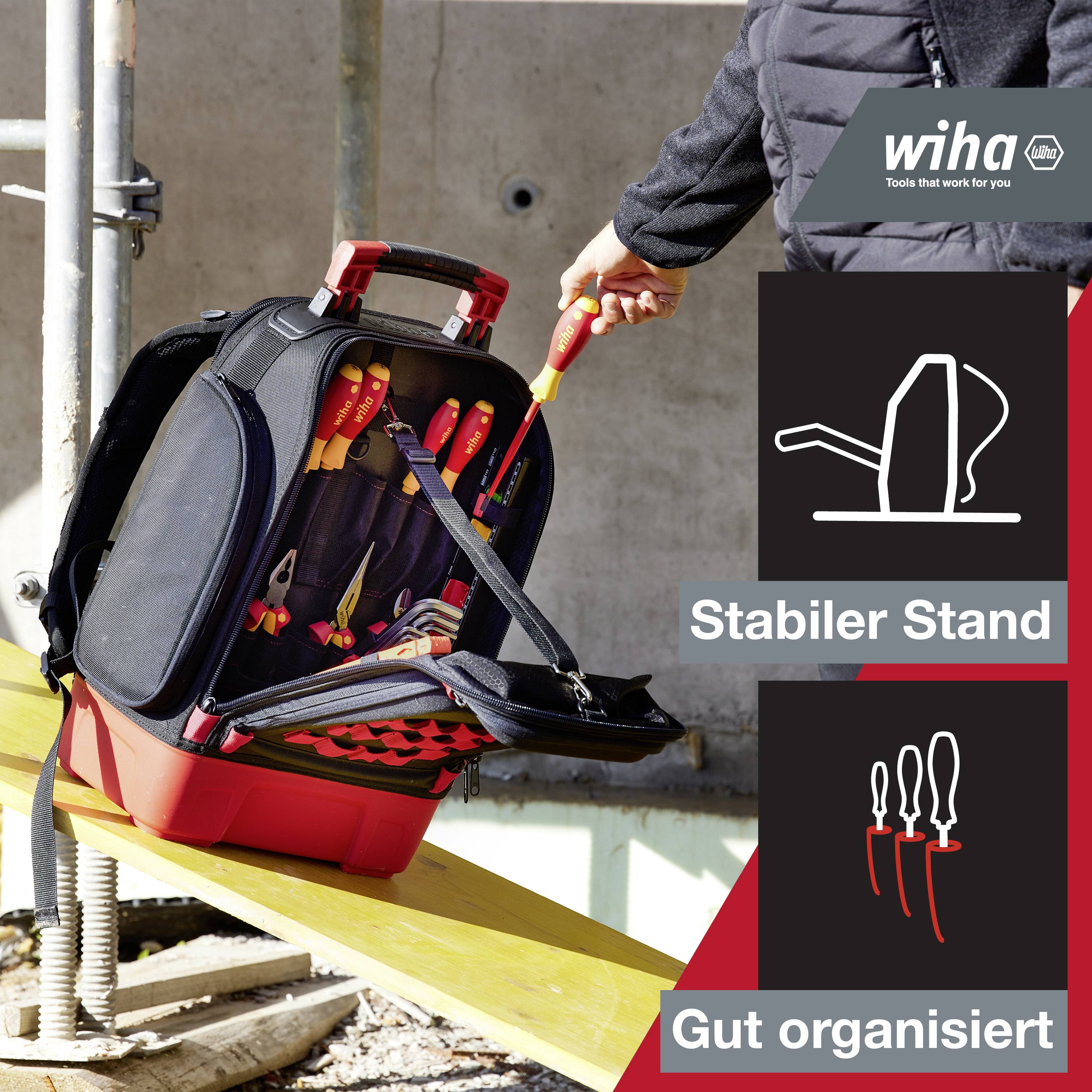 En verktygslåda med öppet fack visar välorganiserade verktyg på en byggarbetsplats. Text: 'Stabil ställning' och 'Väl organiserat'.