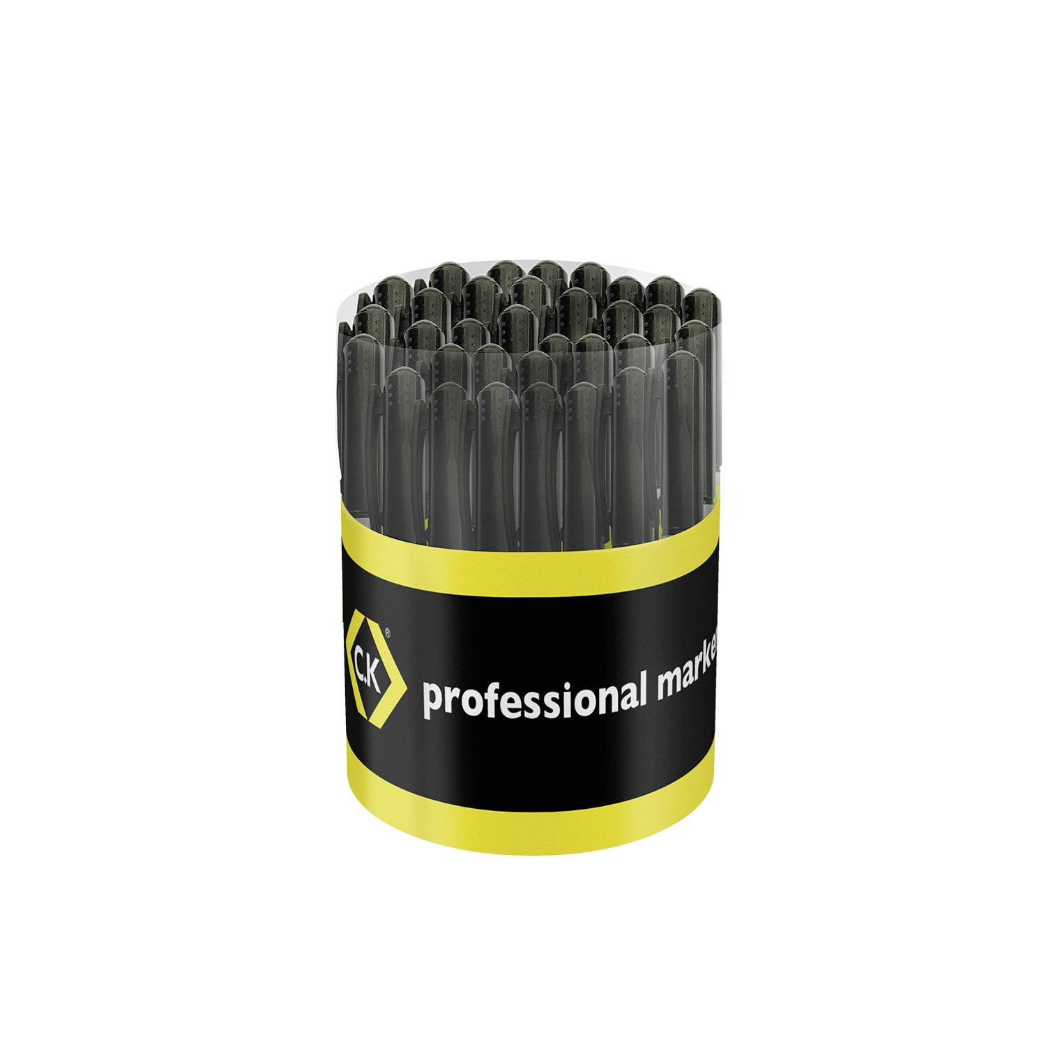Svarta pennor med texten 'professional marker' på etiketten. Pennorna är grupperade i en genomskinlig behållare.