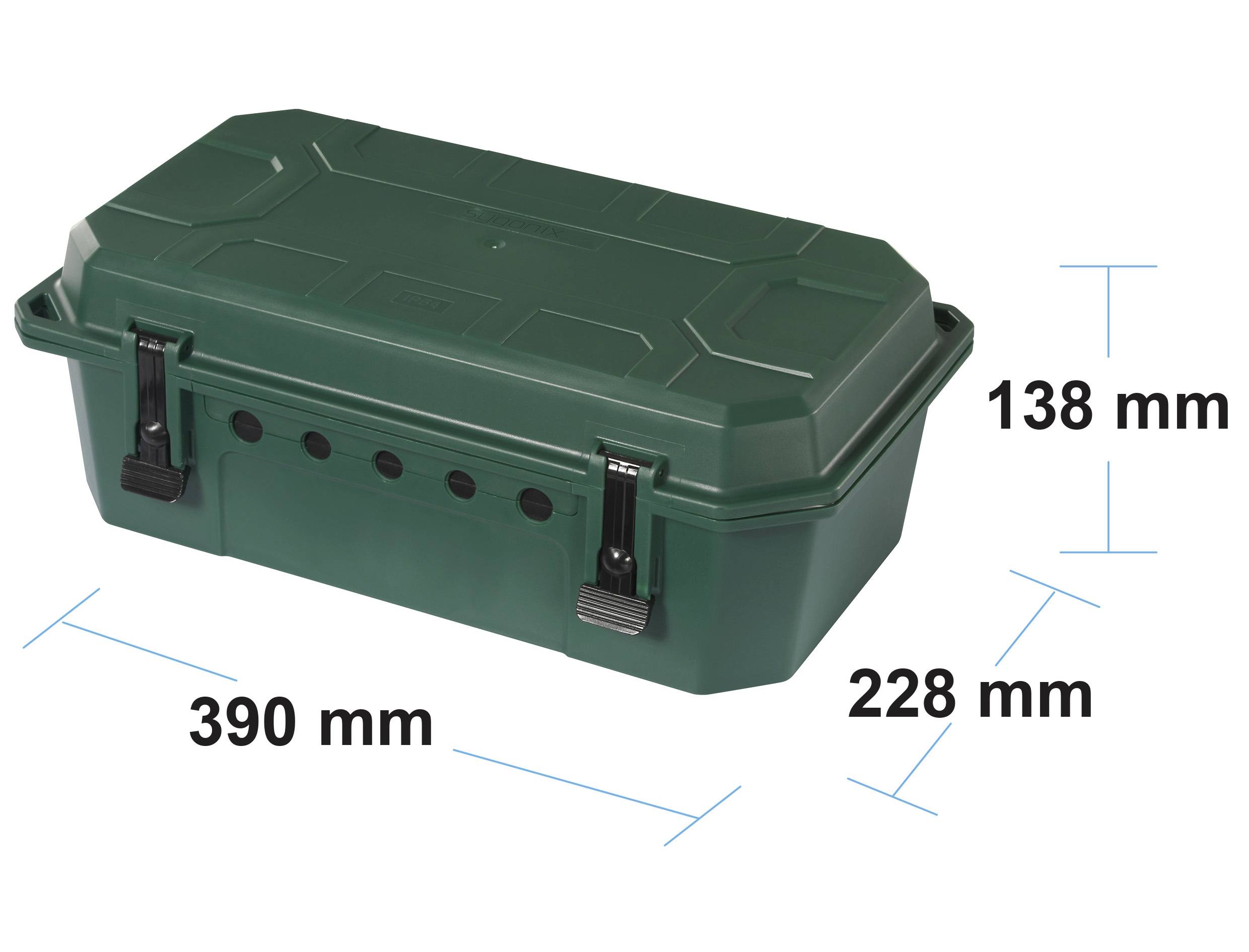 Grön förvaringsbox med måtten: 390 mm lång, 228 mm bred och 138 mm hög. Boxen har svarta lås.