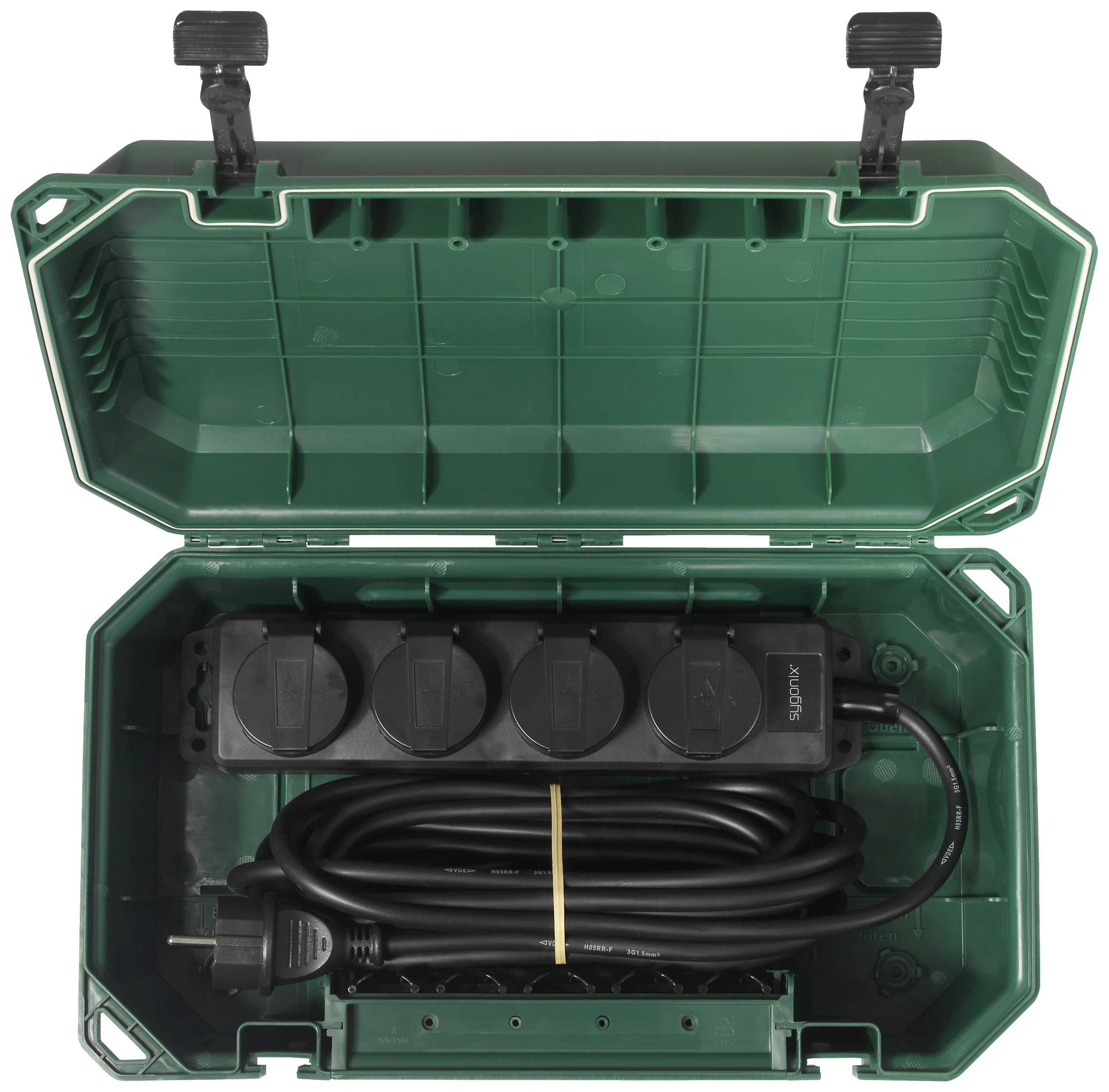 Grön kabelbox öppnad, innehåller en svart grenuttag med fem uttag och upprullad kabel.