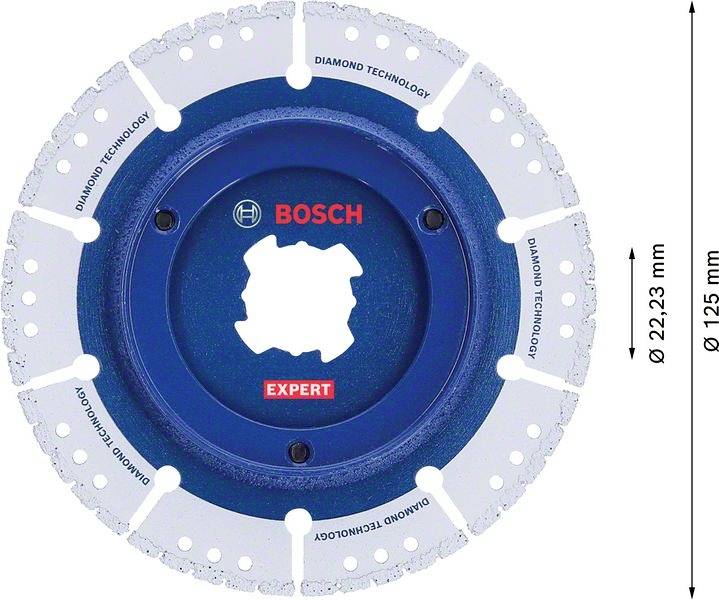 Bosch-sågklinga med märkning 'Diamond Technology' och 'Expert'. Diameter 125 mm, håldiameter 22,23 mm.