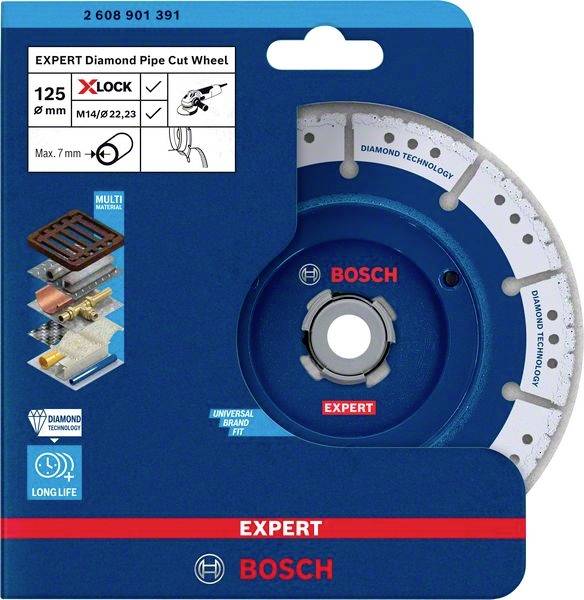 'Bosch Expert Diamant-Kapskiva för rör, 125 mm diameter, X-LOCK, teknik för längre livslängd och snabba skär.'