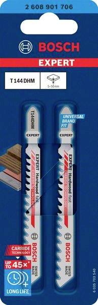 Bosch sågblad. Märkning: 'EXPERT', 'T144DHM', 'Hardwood 4-50mm'. Lämpliga för trä. Två stycken per förpackning.