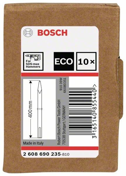 Kartongförpackning för Bosch SDS-max borr, 400 mm längd, 10 stycken, tillverkad i Italien.