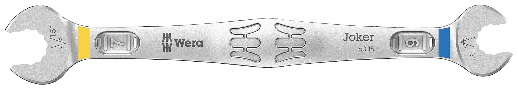 Wera skiftnyckel med dubbla käftar, märkt med gula och blå markeringar och texten 'Joker 6005'. Högkvalitativ verktygsdesign.