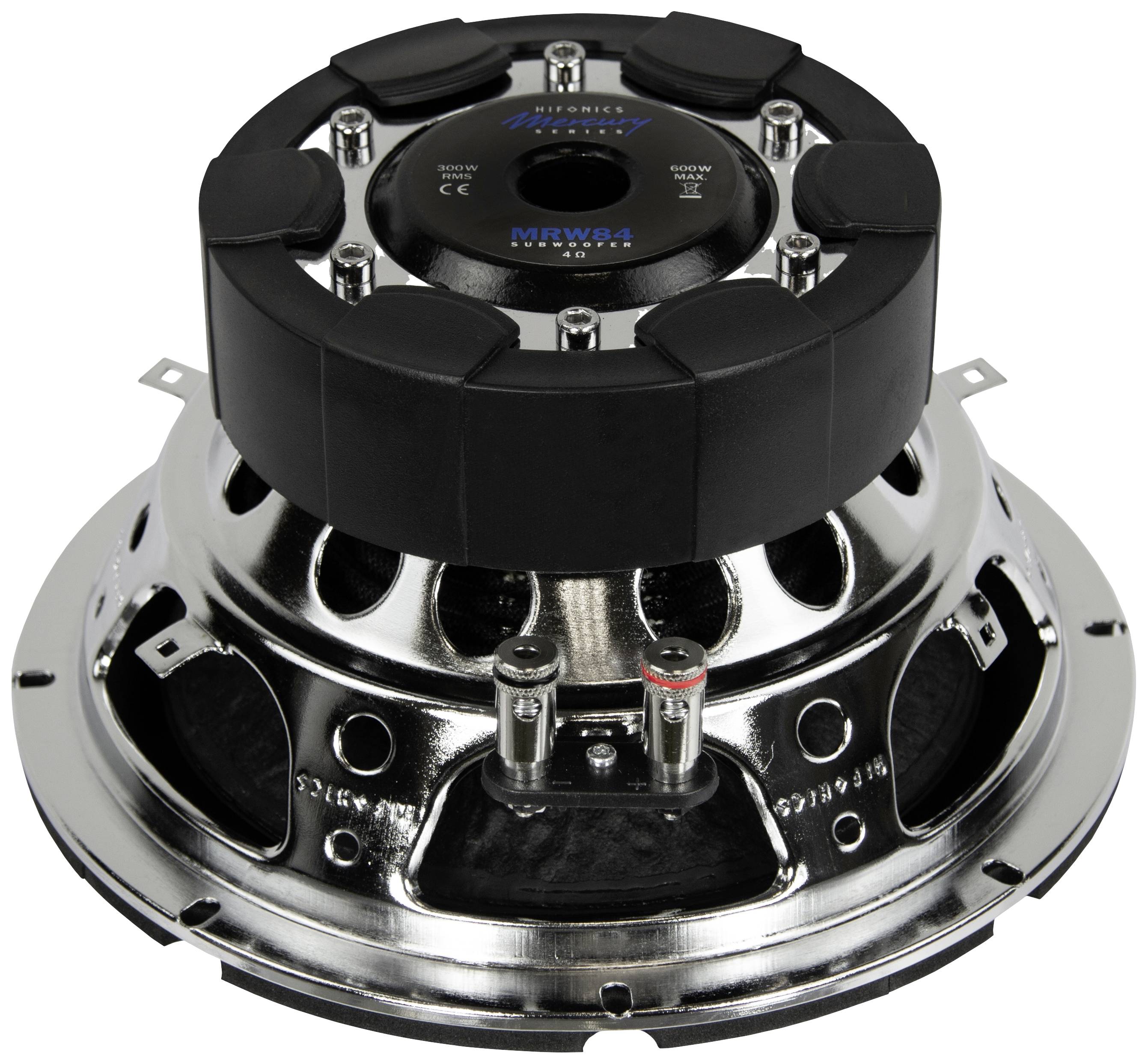 En rund, silver högtalare med en robust svart magnet. Fästelement och kabelanslutningar är synliga.