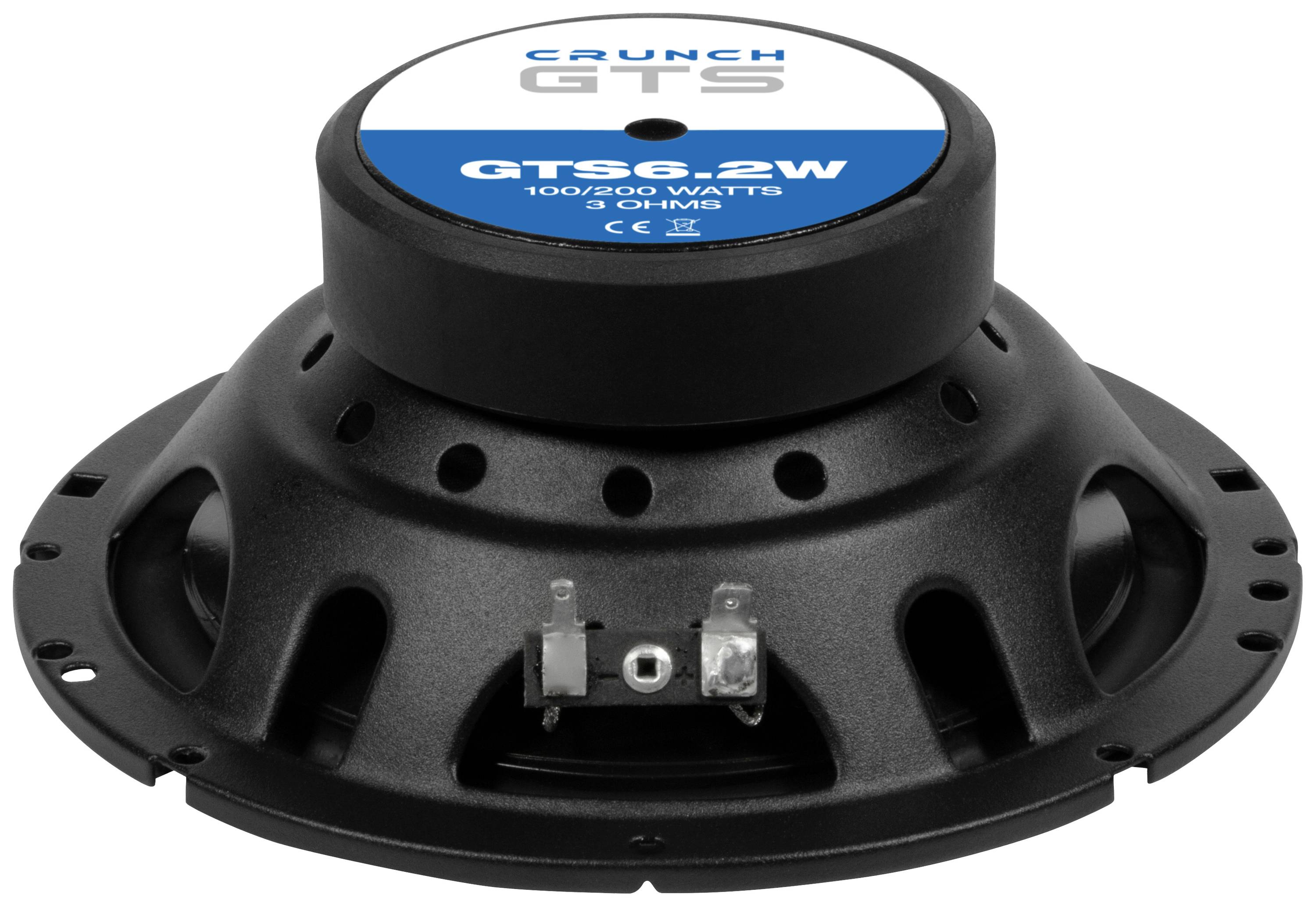 En svart högtalare med texten 'GTS6.2W 100/200 Watt 3 Ohm'. Hölje med synliga metallanslutningar.