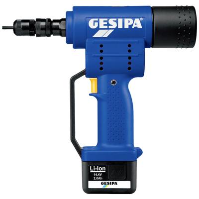 Batteridriven popnitmaskin från märket Gesipa med blått hölje och svart handtag, lämplig för precis och snabb nitning.
