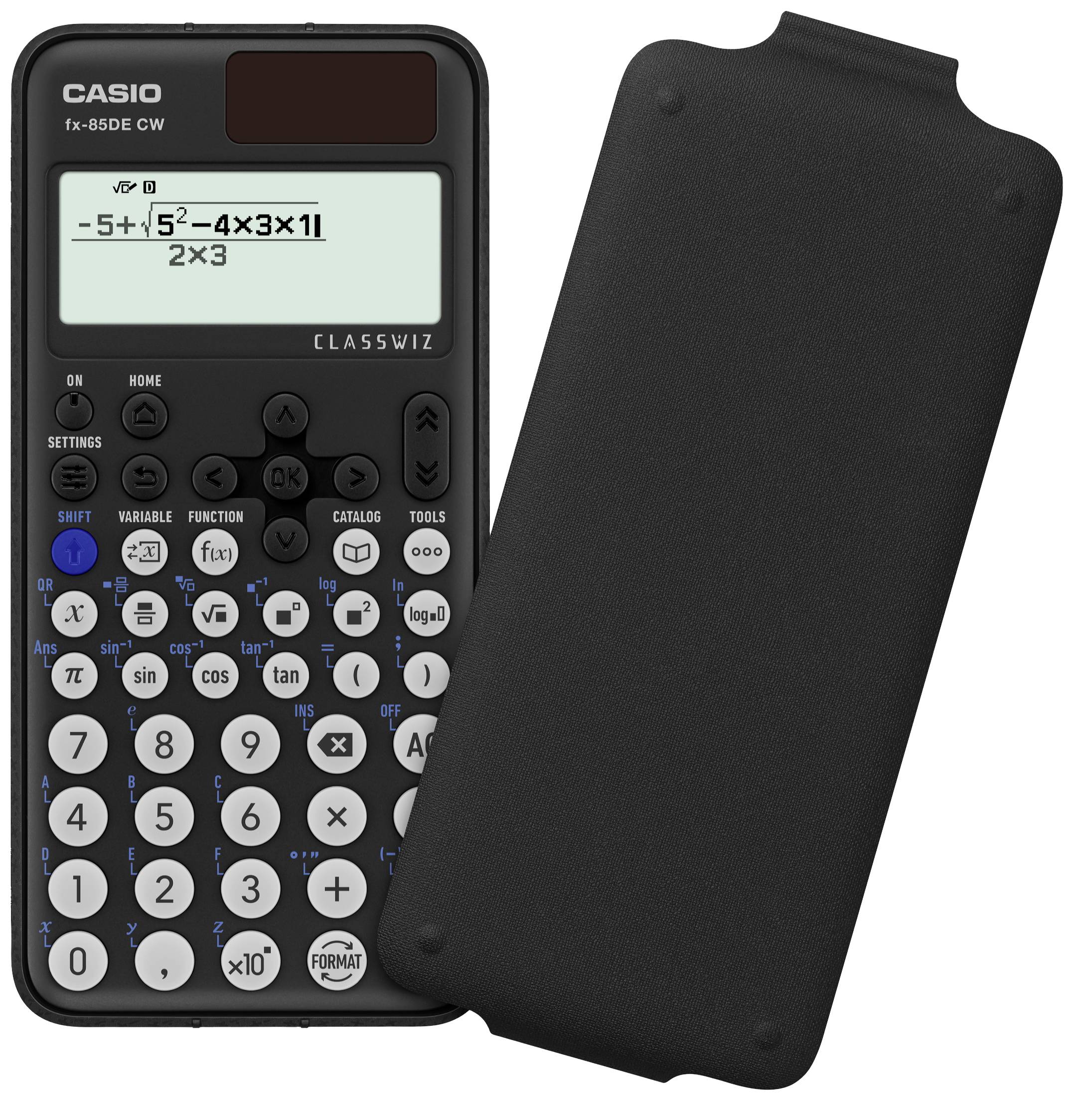 En vetenskaplig räknare från Casio, modell fx-85DE CW, visar en komplex matematisk beräkning på displayen.