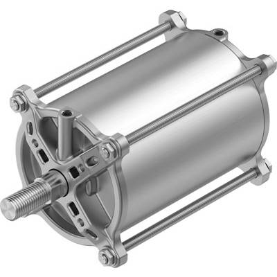 En cylindrisk pneumatisk cylinder i silverfärgad metall med fyra långa skruvar för fastsättning på sidorna.