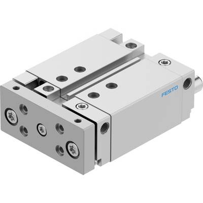 En pneumatisk cylinderslid från Festo i silverfärg, lämplig för precisionsrörelsestyrning i automatiserade system.