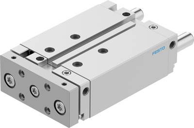 Metallisk pneumatisk cylinder med rektangulär form och sidmonterade fästskruvar. Framtill syns märkets logotyp.