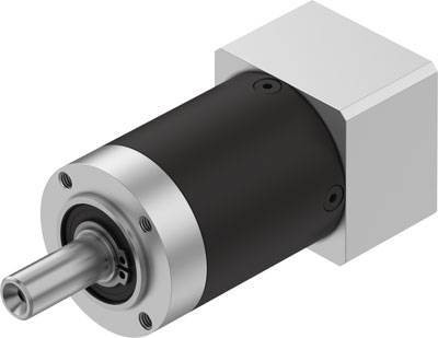 Cylinderformad, svart elmotor med silverfärgad anslutning till ett kvadratiskt, silvergrått hölje.
