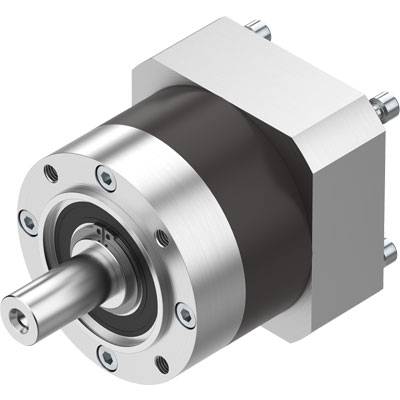 En cylindrisk metallisk växelmotor med kvadratisk bas visar flera skruvar och en framträdande drivaxel.