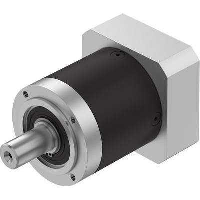 En cylindrisk, svart elmotorväxel med silver hölje och kvadratisk bas, som visar en axel framåt.