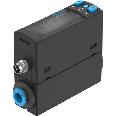 Svart elektronisk enhet med blå knappar och en anslutning till vänster. Tillverkarens namn synligt längst upp på displayen.