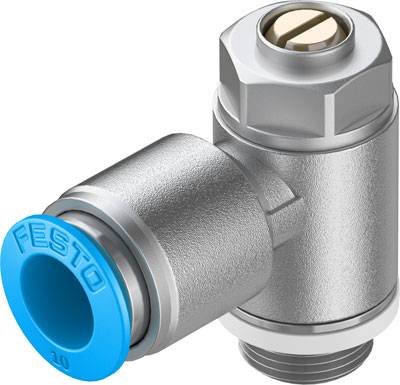 En pneumatisk slangkoppling med en blå kåpa märkt med 'FESTO'. Förbinder slangar i ett pneumatiskt system.
