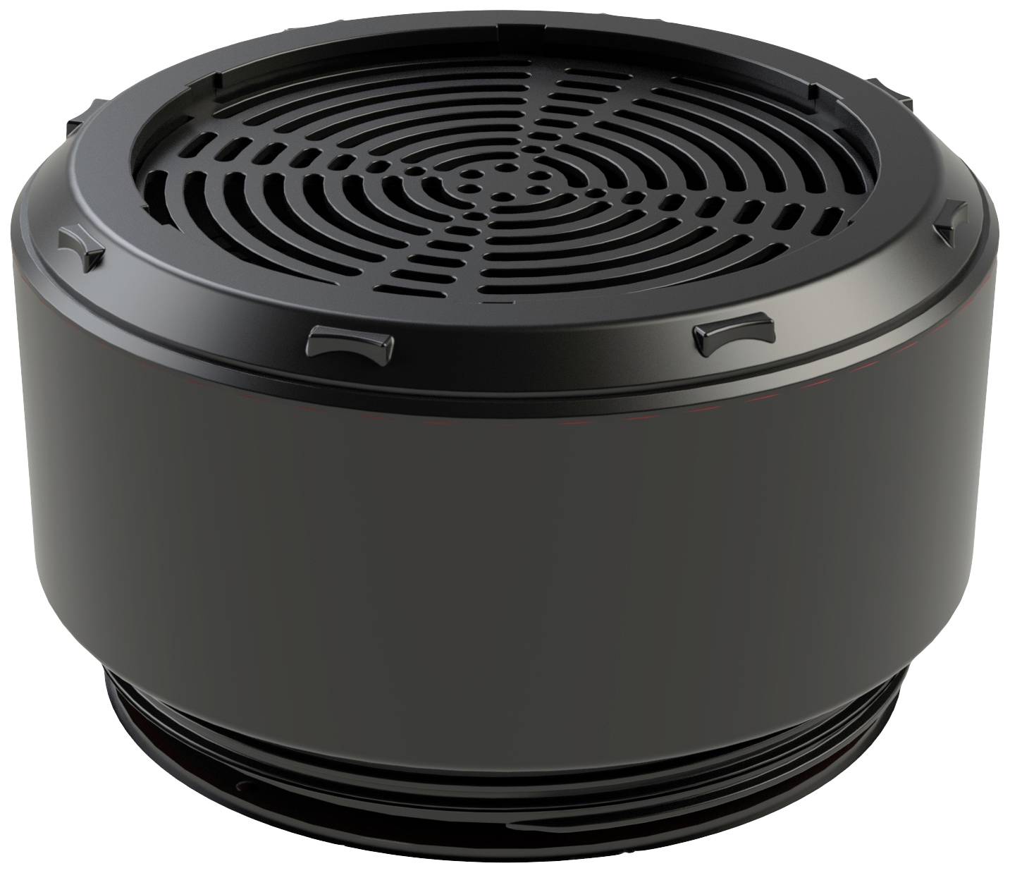 En svart, rund fläkt med gallertäckning, sannolikt en del av en elektronisk apparat eller ventilationsenhet.