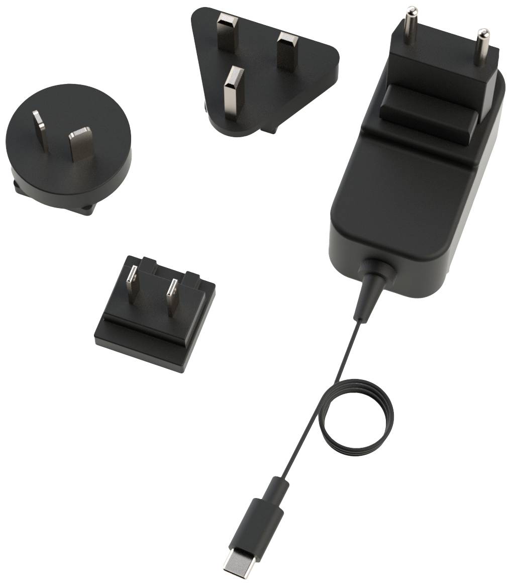 Ett svart nätadapter med utbytbara kontakter för olika kontakttyper och en USB-C-anslutningskabel.
