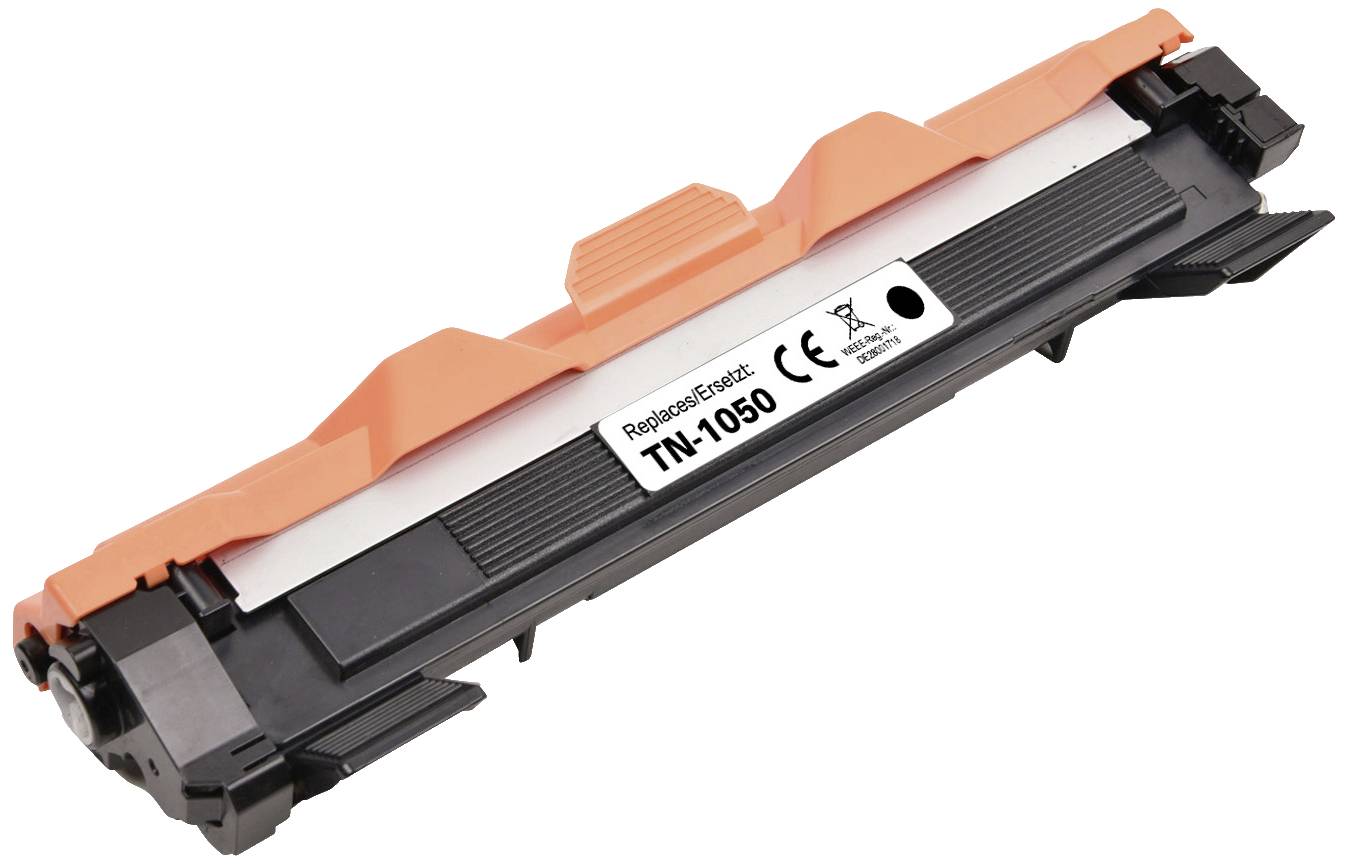 En svart bläckpatron med orange handtag, modell TN-1050, med CE-märkning och texten 'Återvinningsbar'.