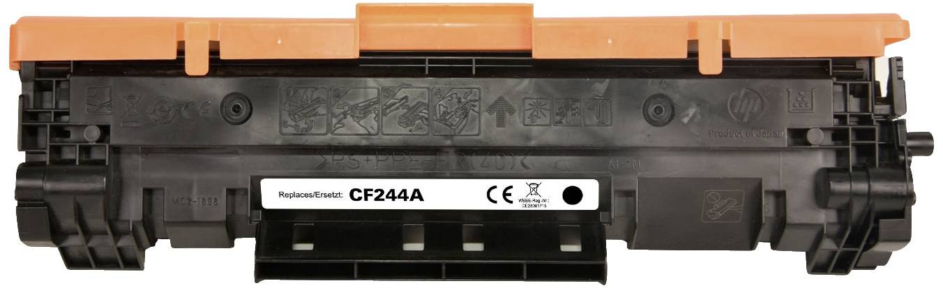 En svart CF244A skrivartoner-modul med orange skyddslock ovanpå. Hållbart tillverkad, CE- och återvinningssymboler synliga.