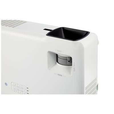 En vit projektor med kontrollknappar och ventilationshål på sidan. Linsen är inbyggd ovanpå och svart inramad.