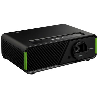 En svart projektor med gröna accenter och texten '4K' på linsen, från märket ViewSonic.