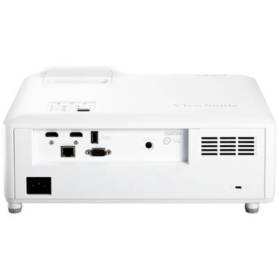 En vit projektor med flera anslutningar på baksidan, inklusive HDMI och USB. Lämplig för presentationer eller hemmabioändamål.