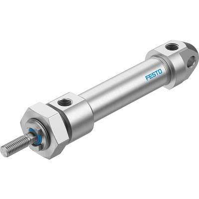 En silver pneumatisk cylinder från märket Festo med blå text, lämplig för industriella tillämpningar.