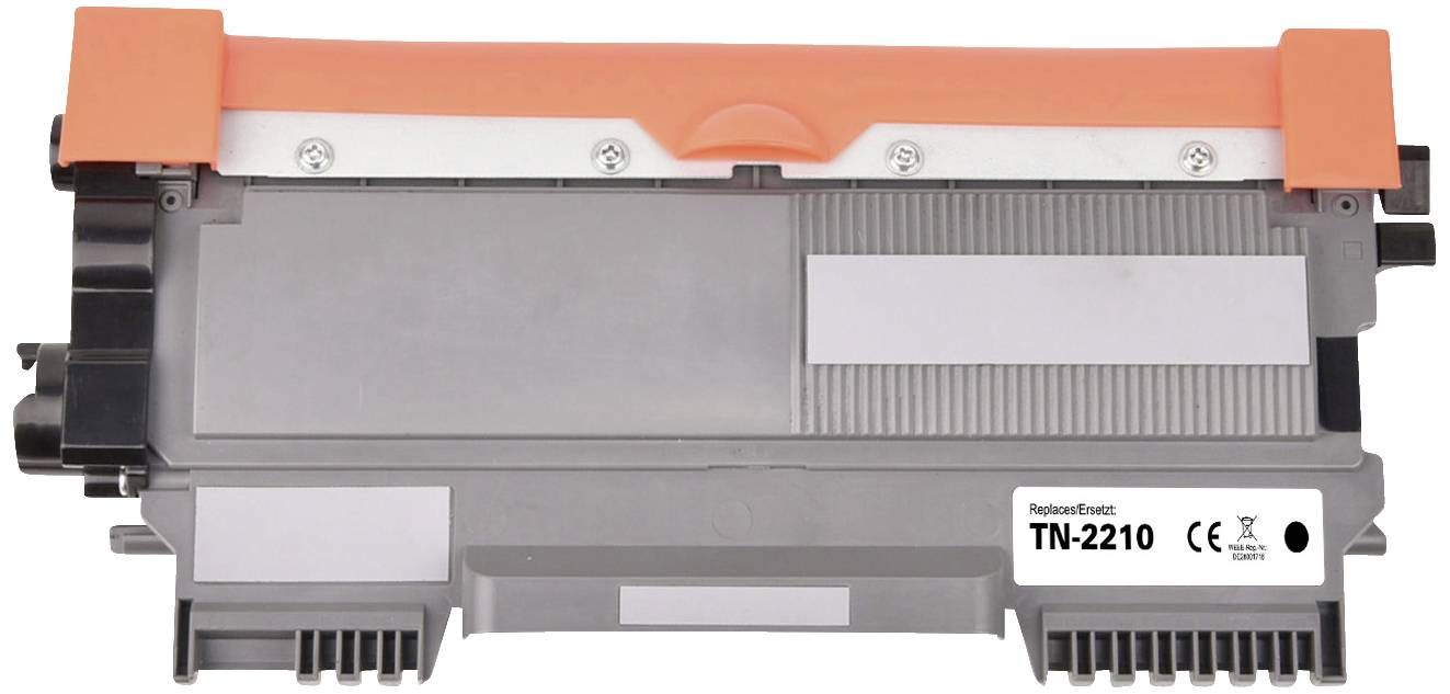 Tonerkassett märkt 'TN-2210'; kompatibel med Brother-skrivare. Rektangulär form och orange handtag upptill.