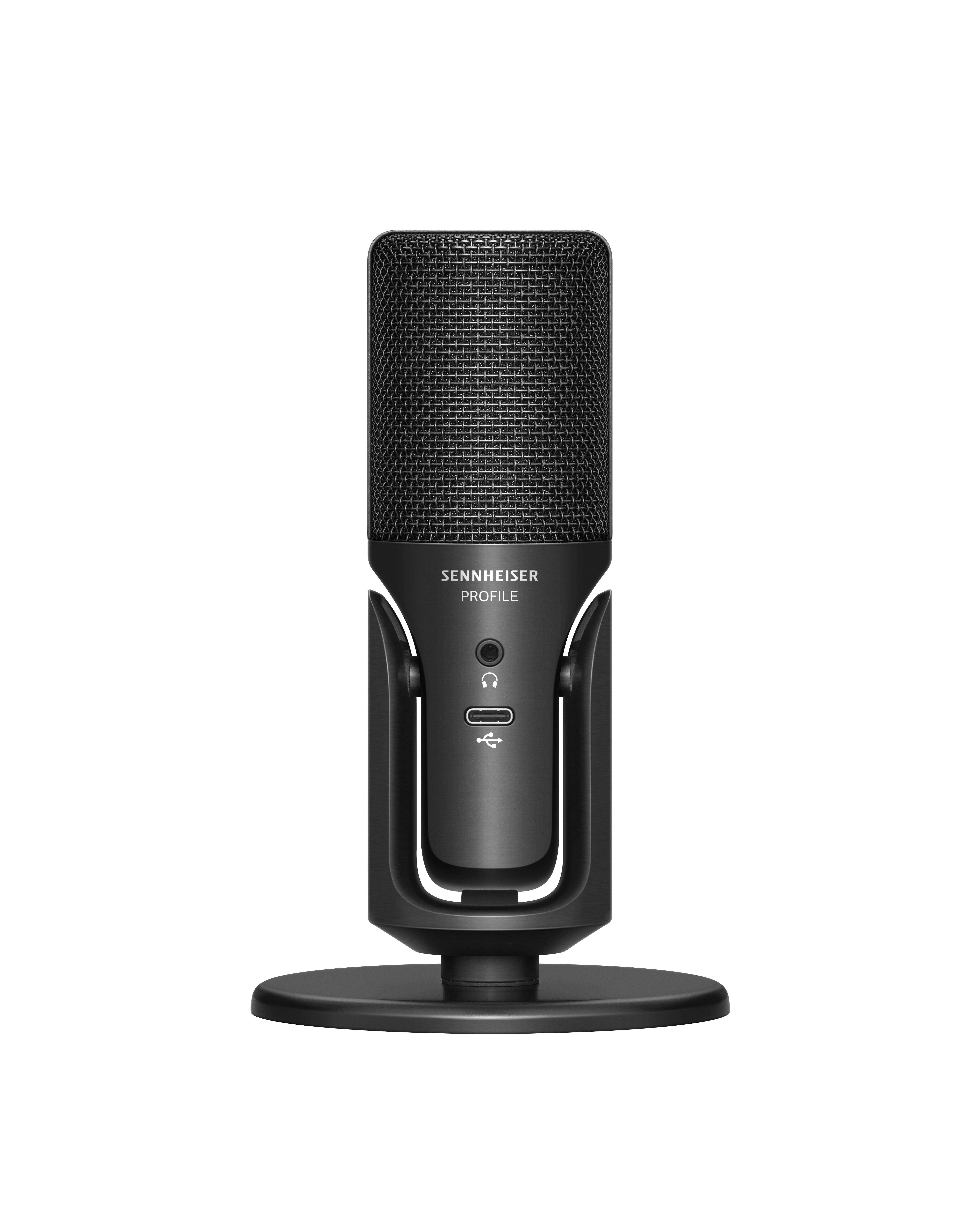 Svart, stående USB-mikrofon på en rund bas, lämplig för ljudinspelningar och podcasting.