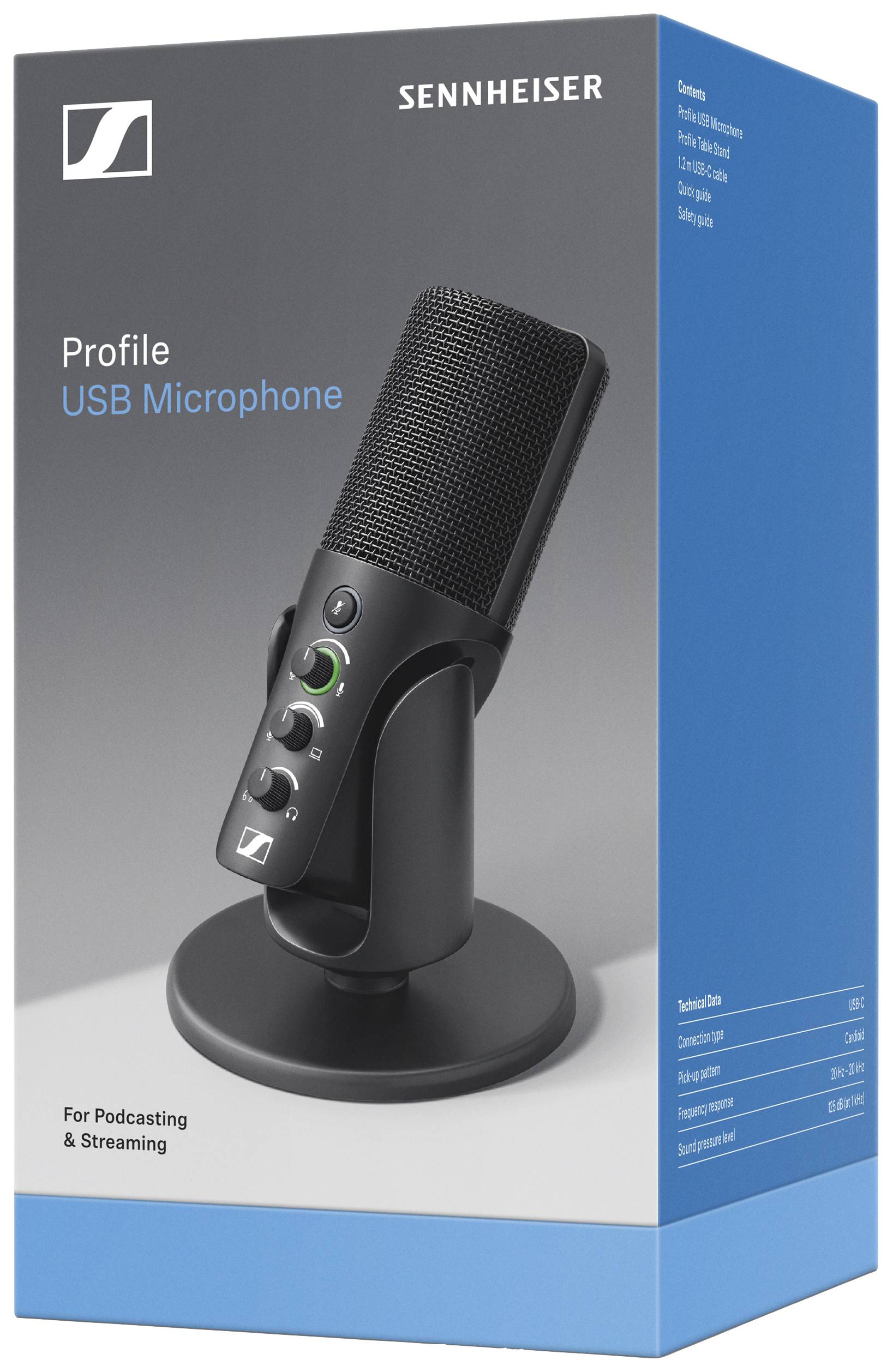 Svart USB-mikrofon från Sennheiser, lämplig för podcasting och streaming, avbildad i originalförpackning.
