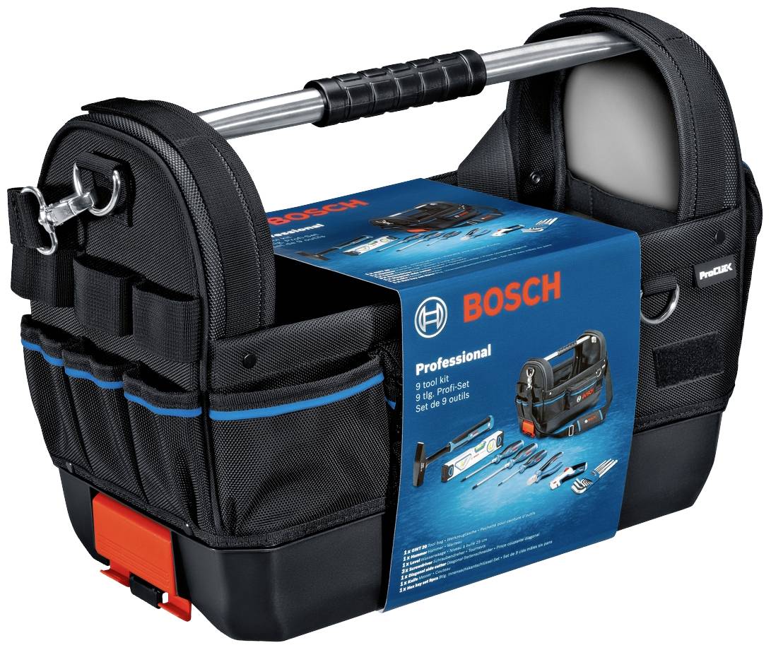 Verktygsväska från Bosch med handtag, sidofack och en reklamdekal som visar olika verktyg. Perfekt för proffs.