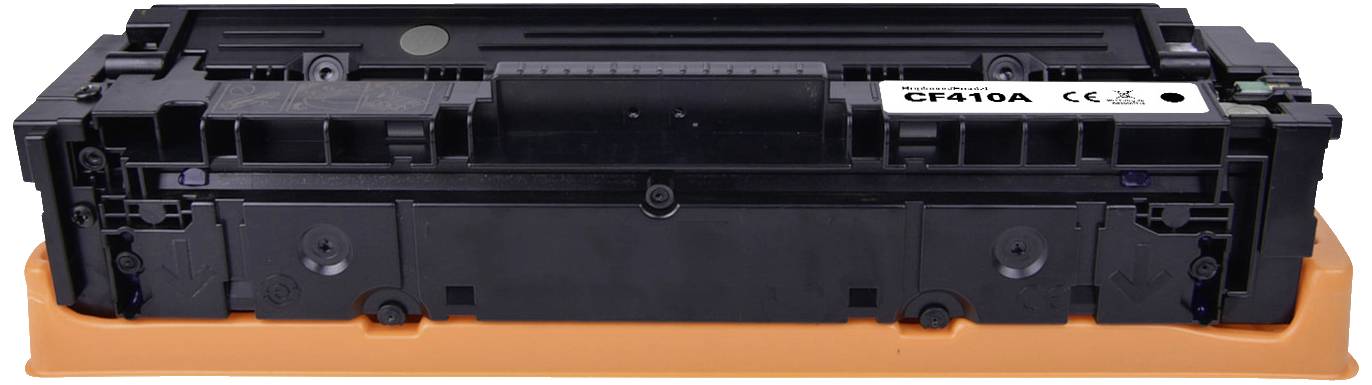 En svart skrivartoner, modell CF410A, ligger horisontellt på ett orangefärgat underlag.