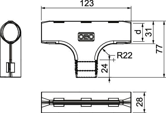 Teknisk ritning av en T-formad rörkoppling med dimensioner: längd 123, bredd 77, höjd 28, inklusive radie R22.