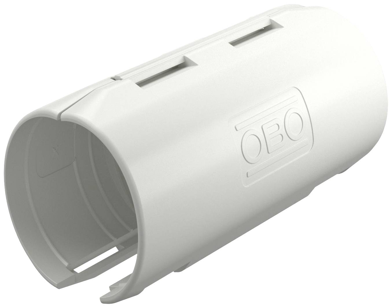 Vit, cylindrisk kabelkanaladapter av plast med texten 'OBO'. Används för att ansluta kabelkanaler.