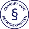 En cirkelformad logotyp med ett paragraftecken i mitten, omgiven av orden 'Granskad av juridiska experter'.