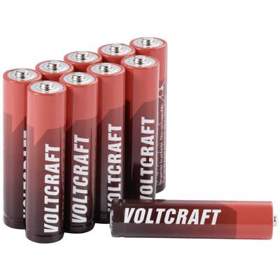 'Voltcraft' batterier i en hög, en liggande separat. De är röda och lämpliga för allmänna elektriska apparater.