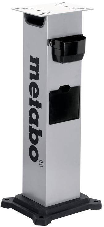 Högt silvrigt metalluttag på svart bas, med frontklaff och svart toppbehållare, märkt "mefobo" vertikalt på sidan.