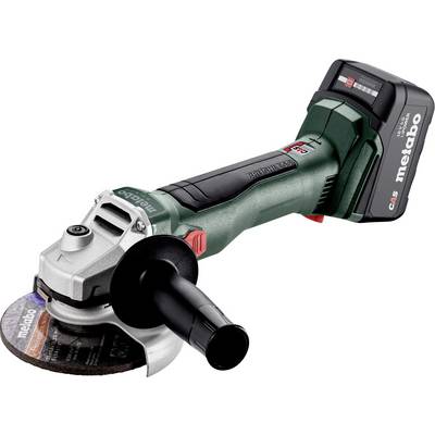 Sladdlös Metabo vinkelslipar med batteri ansluten, visad på vit bakgrund.