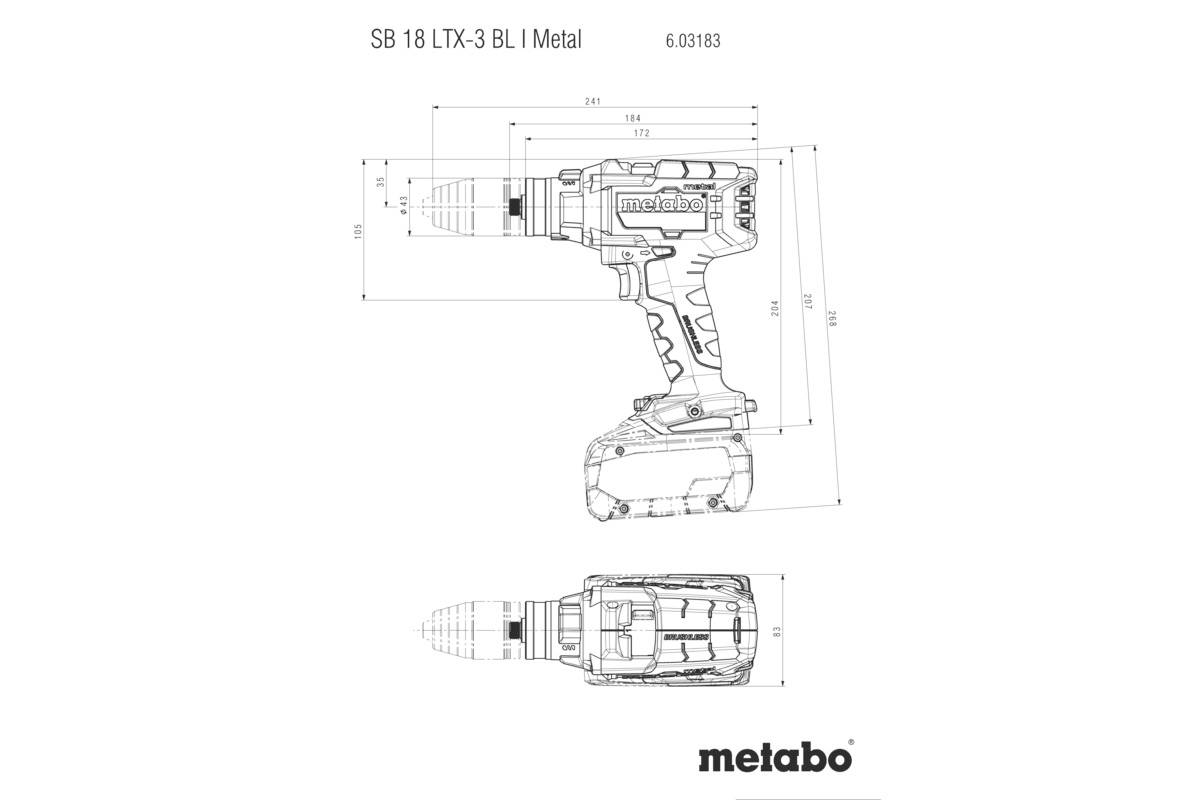 En teknisk ritning av en Metabo batteridriven borrskruvdragare SB 18 LTX-3 BL I, med dimensioner och överblicksbild.