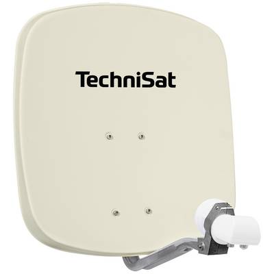 TechniSat parabolantenn i ljusbeige färg, lämplig för mottagning av satellitsignaler. Den är monterad på ett fäste.